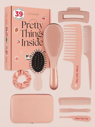 Lily England Gençler için lüks saç bakım seti - 6 parçalı set, saç açma fırçası, birinci sınıf saç aksesuarları ve çıkartma - trend pembe tasarımlı kız çocukları için hediye