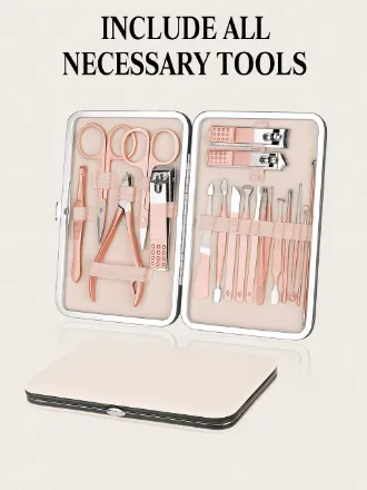 URAQT Tırnak makası, 18 parçalı manikür pedikür seti, kadın paslanmaz çelik aletler, profesyonel güzellik tırnak bakım kiti, ev, seyahat için (pembe altın)