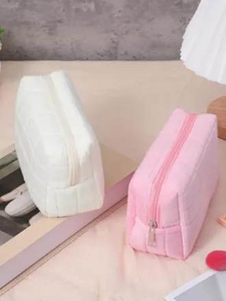 2 Stück Schminktasche Klein, Kleine Kosmetiktasche,Plüsch Make up Tasche Klein zur Aufbewahrung von Lippenstift,Make-up Pinsel,Lidschatten,Hautpflegeprodukten (Weiß,Rosa)