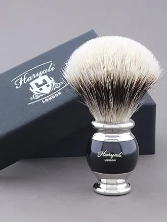 Haryali London Tıraş fırçası - gümüş uçlu porsuk kılı tıraş fırçası - siyah metal saplı tıraş fırçası - paslanmaz çelik tıraş standı - tıraş fırçası tutucu