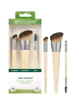EcoTools Yeni doğal kapatıcı, iyileştirme ve şekillendirme üçlü, fondöten, kapatıcı ve kaşlar için makyaj fırçaları, yoğun, sentetik kıllar, yüz şekillendirici, vegan ve kabuksuz 3 parçalı set