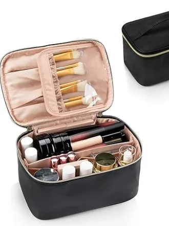 Makyaj çantası, taşınabilir kozmetik çantası, seyahat makyaj çantası düzenleyici, büyük kapasiteli, siyah, kadınlar için, saplı ve bölmeli seyahat için tuvalet çantası, A-siyah, Seyahat